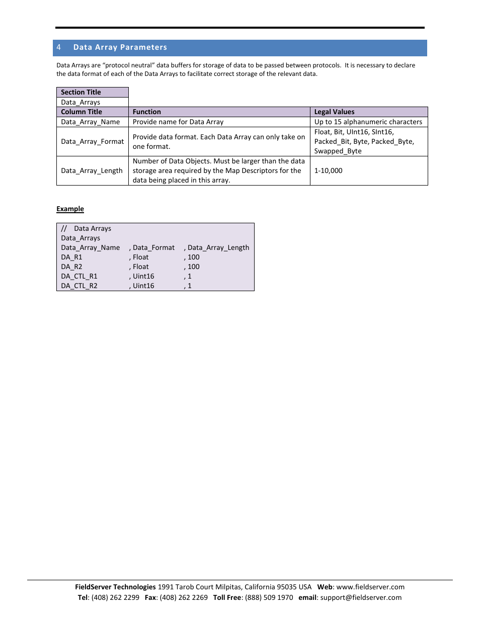Data array parameters | FieldServer Honeywell Zellweger IR-148 User Manual | Page 5 / 17