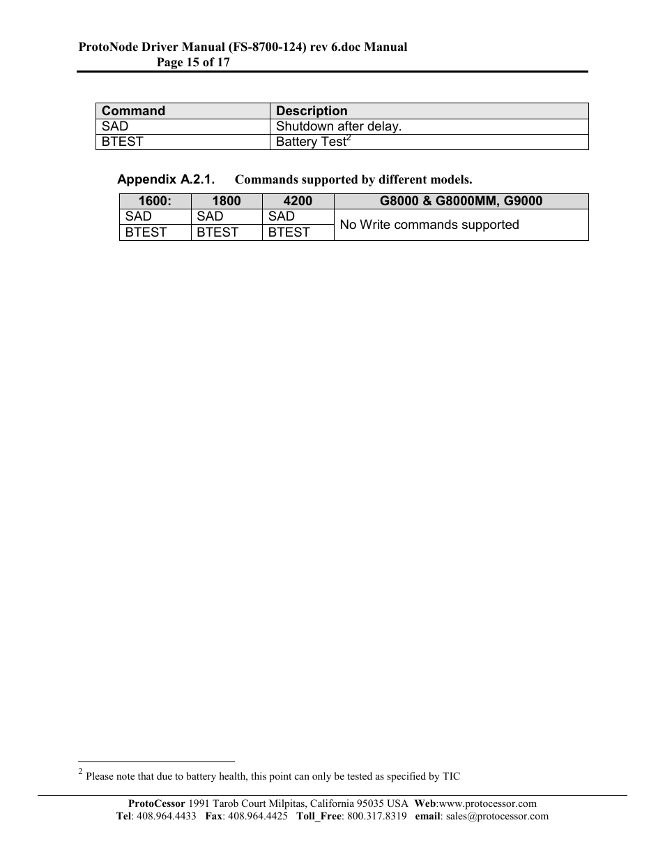 Commands supported by different models | FieldServer FS-8700-124 User Manual | Page 15 / 17
