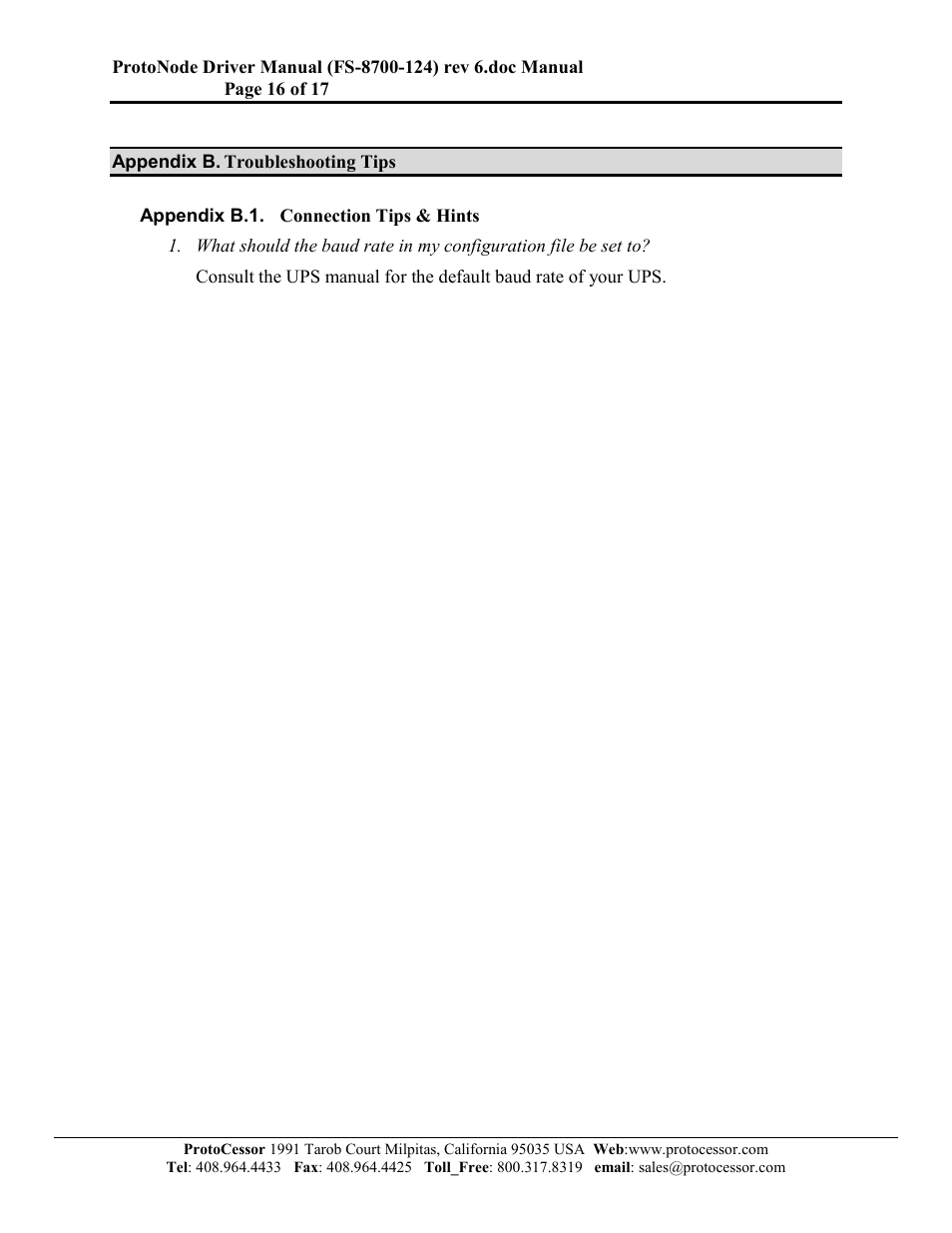 Troubleshooting tips, Connection tips & hints, Appendix b. troubleshooting tips | Appendix b.1. connection tips & hints | FieldServer FS-8700-124 User Manual | Page 16 / 17