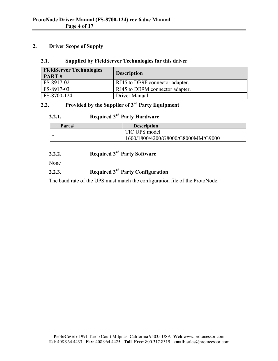 Driver scope of supply, Provided by the supplier of 3rd party equipment, Required 3rd party hardware | Required 3rd party software, Required 3rd party configuration, Provided by the supplier of 3, Party equipment, Required 3, Party hardware, Party software | FieldServer FS-8700-124 User Manual | Page 4 / 17