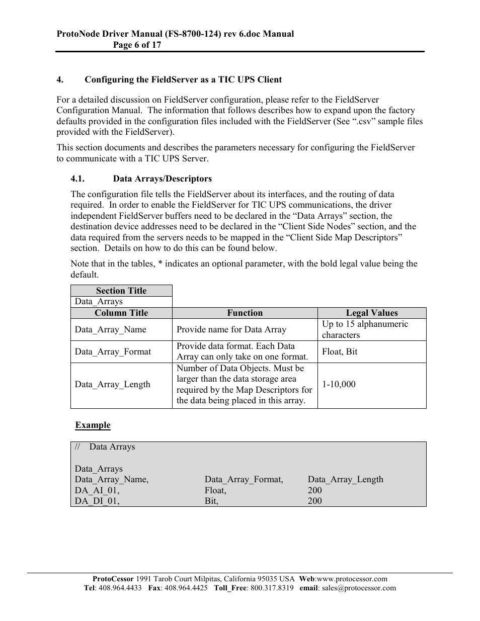 Configuring the fieldserver as a tic ups client, Data arrays/descriptors | FieldServer FS-8700-124 User Manual | Page 6 / 17