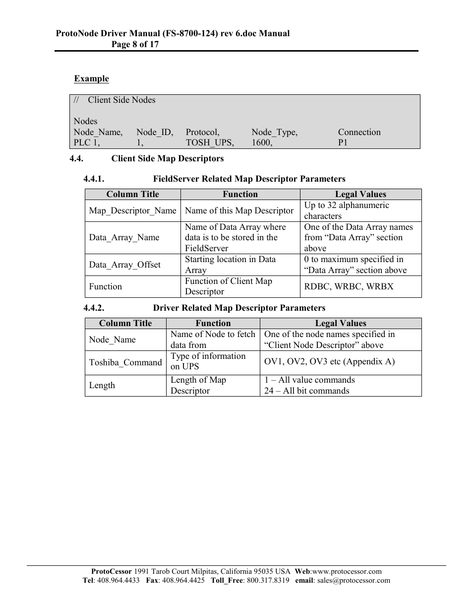 Client side map descriptors, Fieldserver related map descriptor parameters, Driver related map descriptor parameters | FieldServer FS-8700-124 User Manual | Page 8 / 17