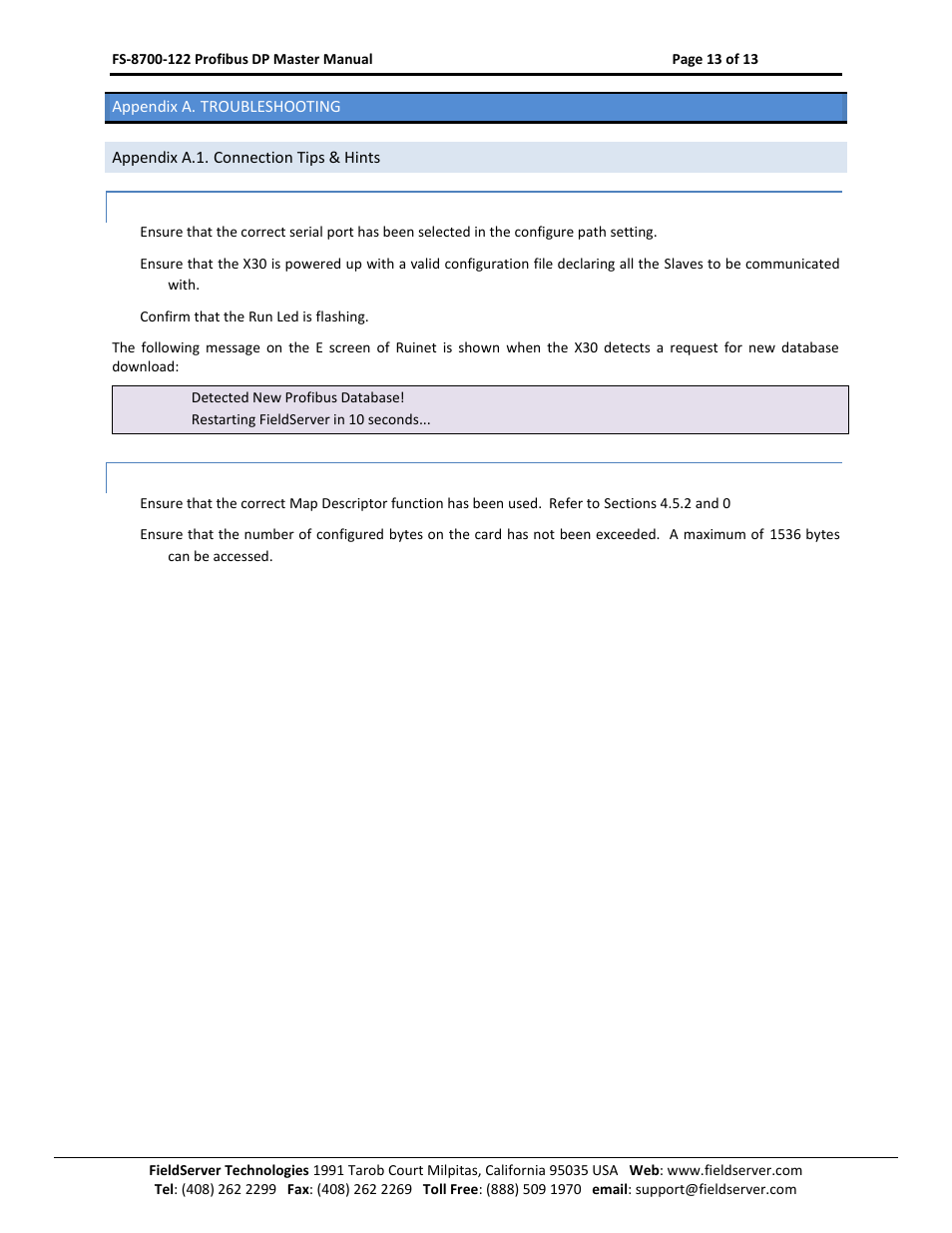Appendix a. troubleshooting, Appendix a.1. connection tips & hints, Appendix a.1.2. configuration error is reported | FieldServer A Sierra Monitor Company X30 User Manual | Page 13 / 13