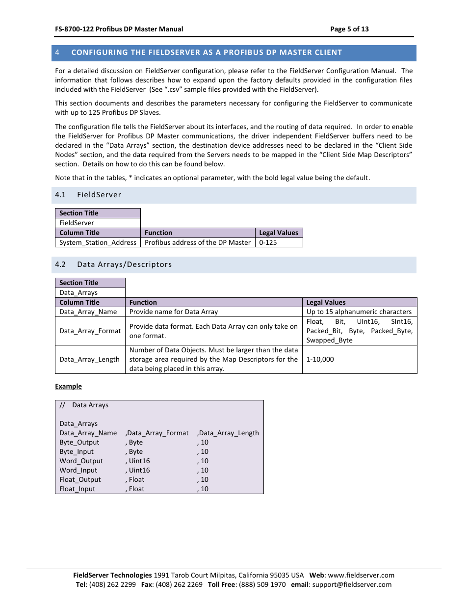 Fieldserver, Data arrays/descriptors | FieldServer A Sierra Monitor Company X30 User Manual | Page 5 / 13