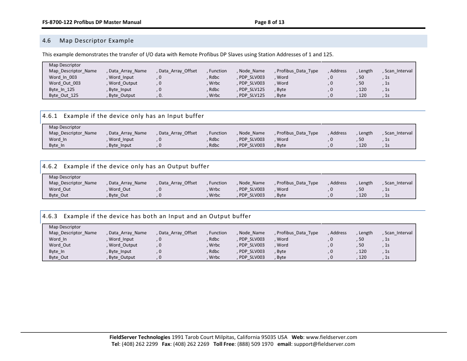 Map descriptor example, 6 map descriptor example, 1 example if the device only has an input buffer | 2 example if the device only has an output buffer | FieldServer A Sierra Monitor Company X30 User Manual | Page 8 / 13