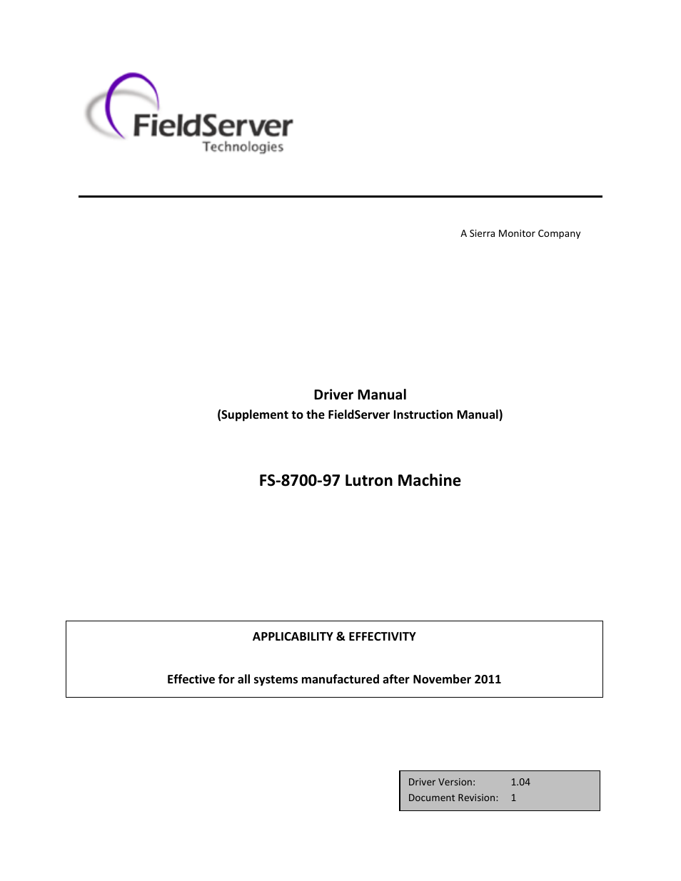 FieldServer Lutron Machine FS-8700-97 User Manual | 24 pages