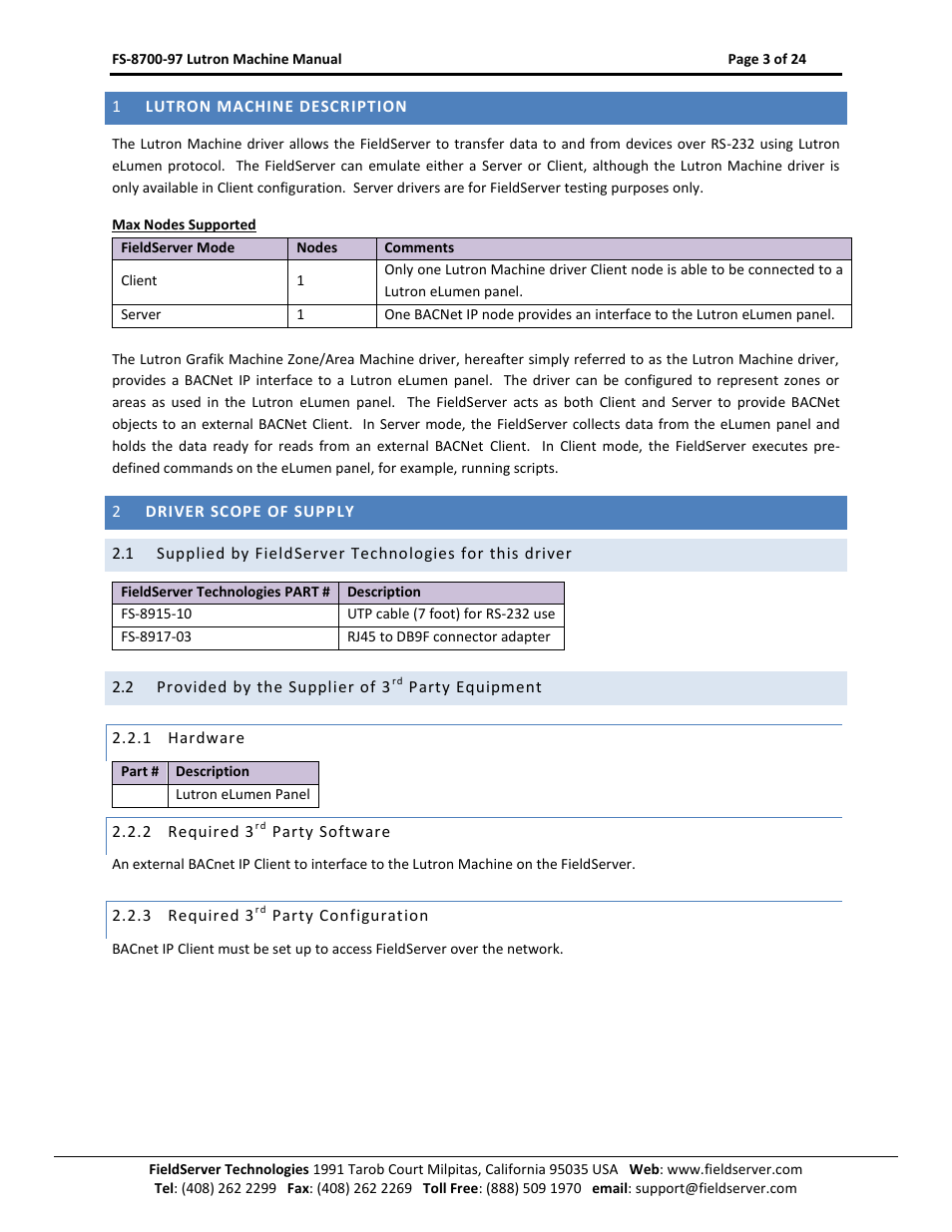Lutron machine description, Driver scope of supply, Provided by the supplier of 3 | Party equipment, Hardware, Required 3, Party software, Party configuration | FieldServer Lutron Machine FS-8700-97 User Manual | Page 3 / 24