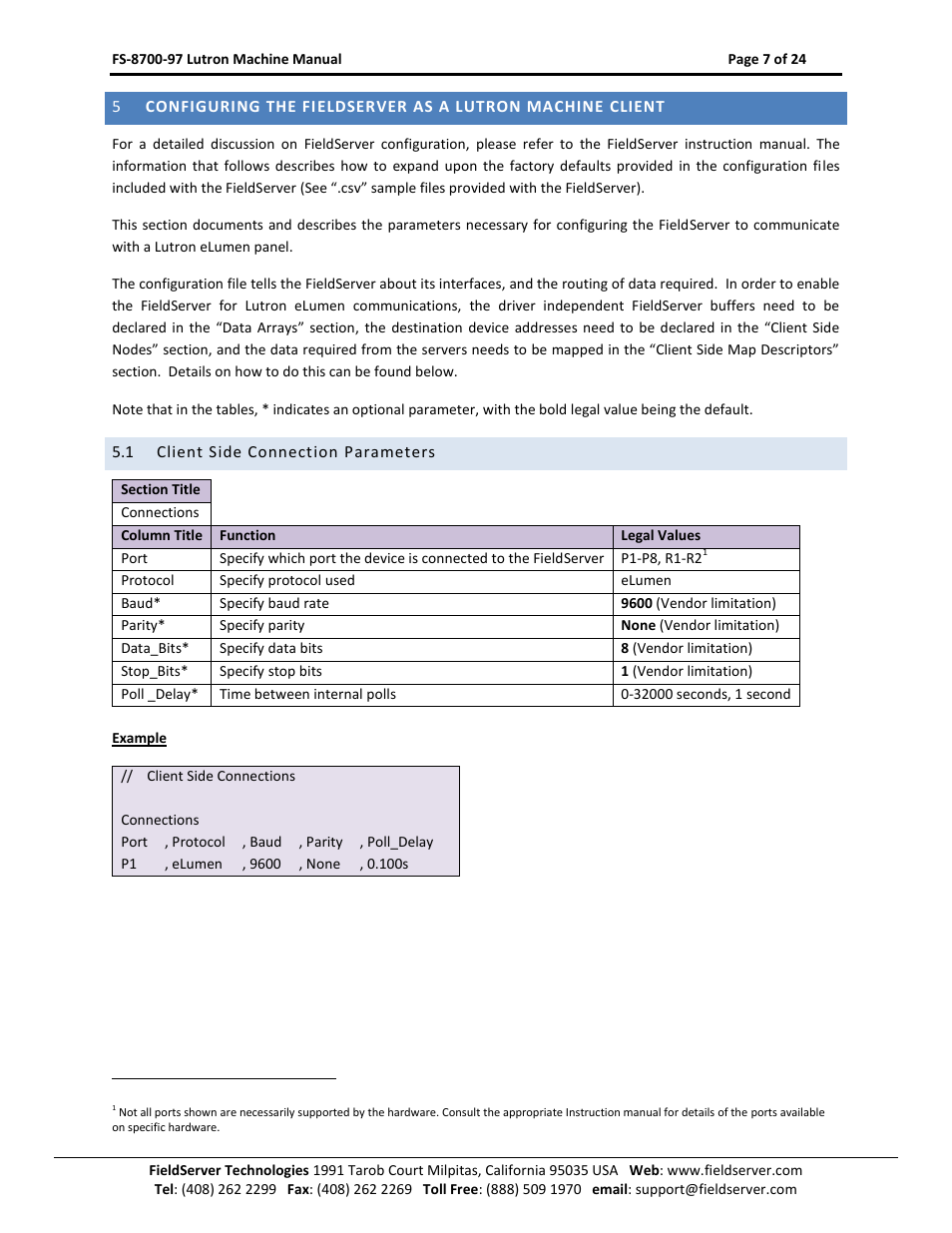 Client side connection parameters | FieldServer Lutron Machine FS-8700-97 User Manual | Page 7 / 24