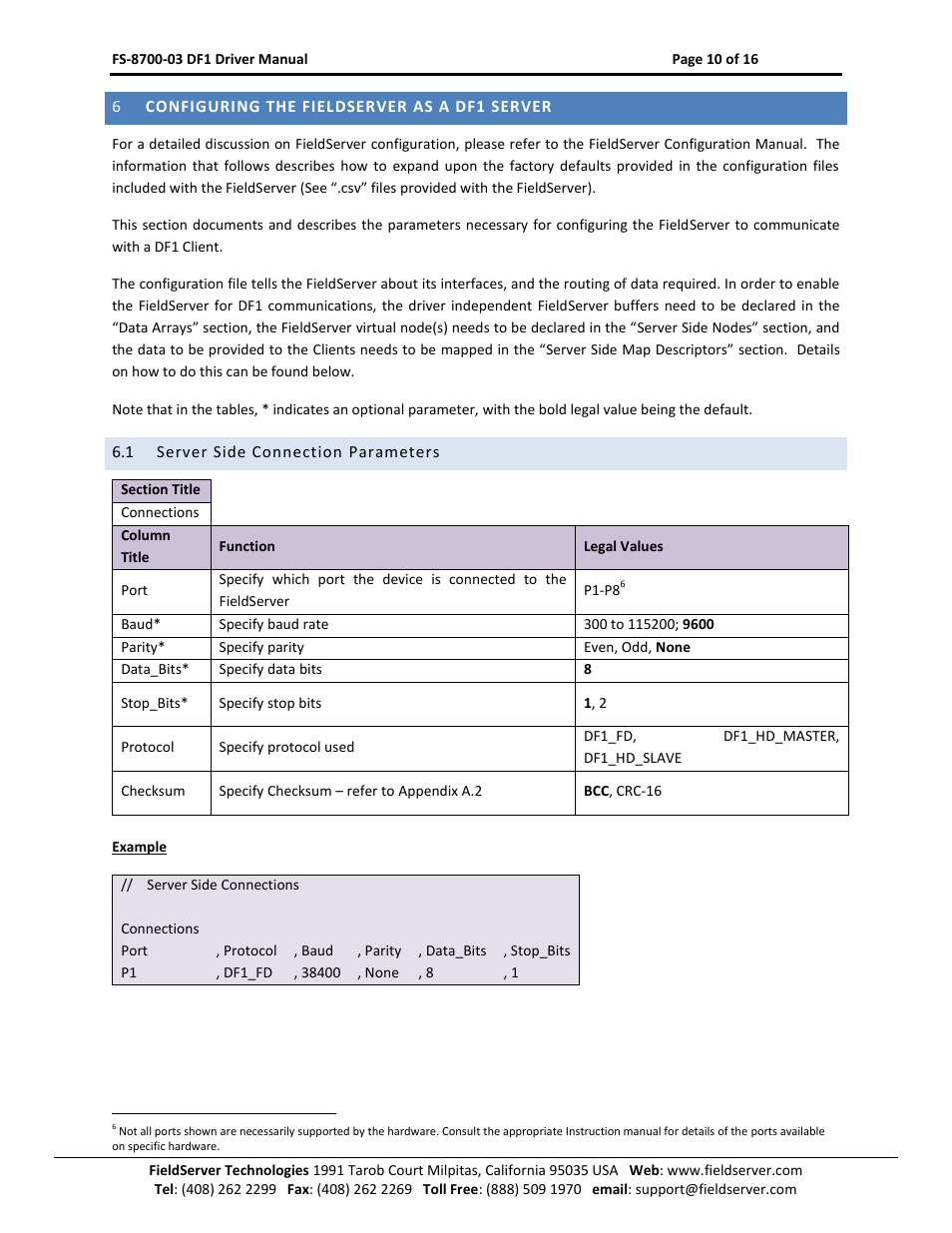 Configuring the fieldserver as a df1 server, Server side connection parameters | FieldServer FS-8700-03 DF1 User Manual | Page 10 / 16