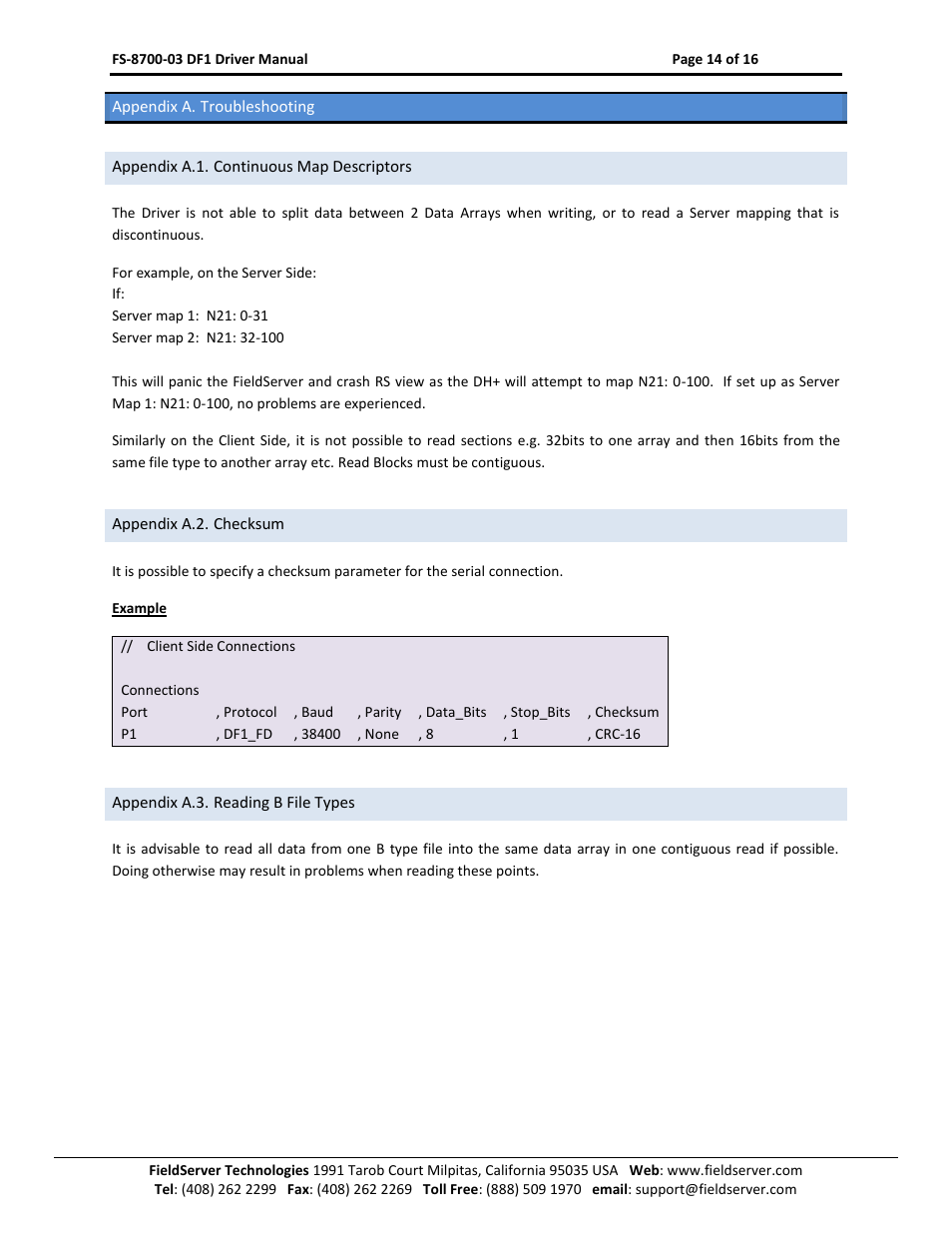 Appendix a. troubleshooting, Appendix a.1. continuous map descriptors, Appendix a.2. checksum | Appendix a.3. reading b file types | FieldServer FS-8700-03 DF1 User Manual | Page 14 / 16