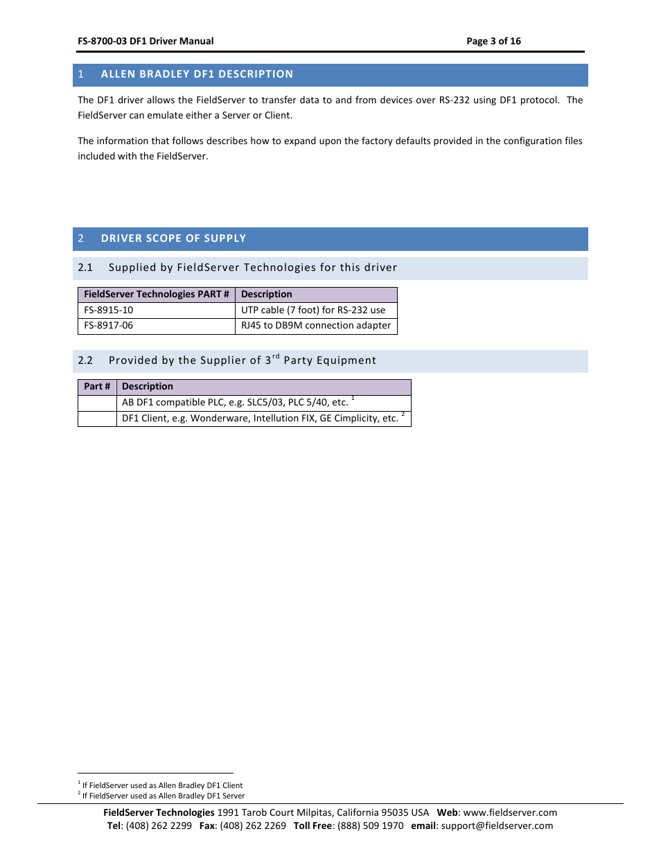 Allen bradley df1 description, Driver scope of supply, Provided by the supplier of 3 | Party equipment | FieldServer FS-8700-03 DF1 User Manual | Page 3 / 16