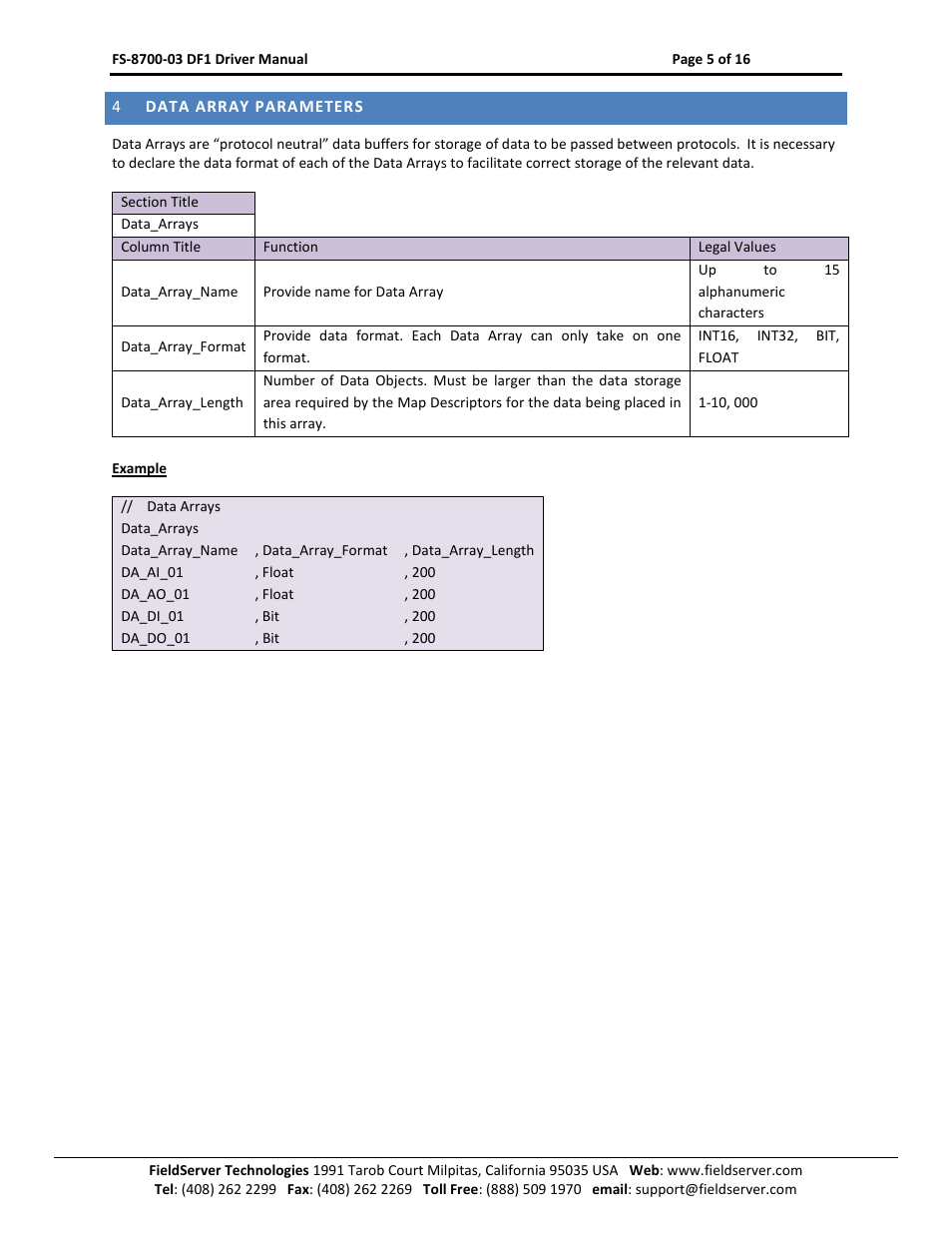 Data array parameters | FieldServer FS-8700-03 DF1 User Manual | Page 5 / 16