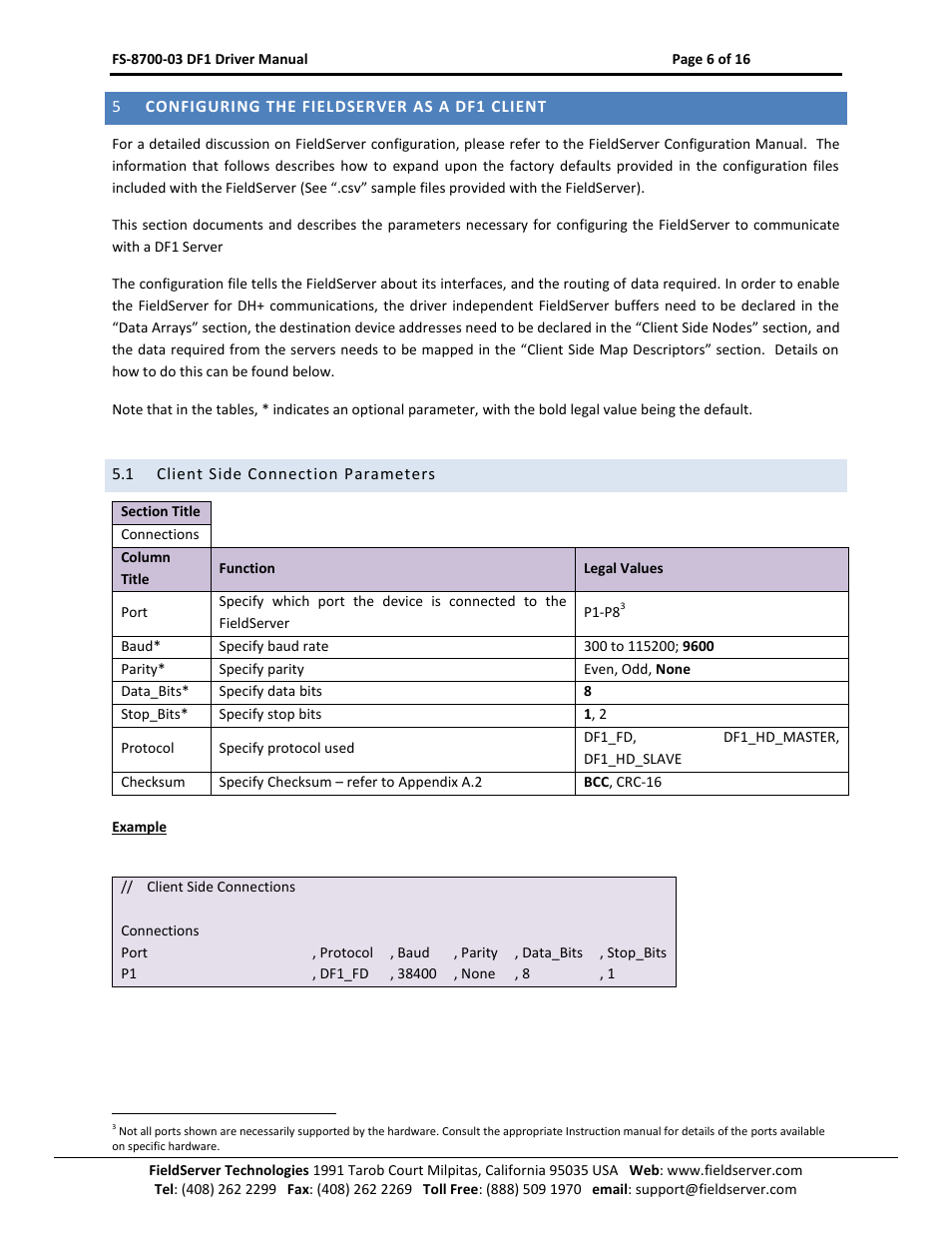 Configuring the fieldserver as a df1 client, Client side connection parameters | FieldServer FS-8700-03 DF1 User Manual | Page 6 / 16