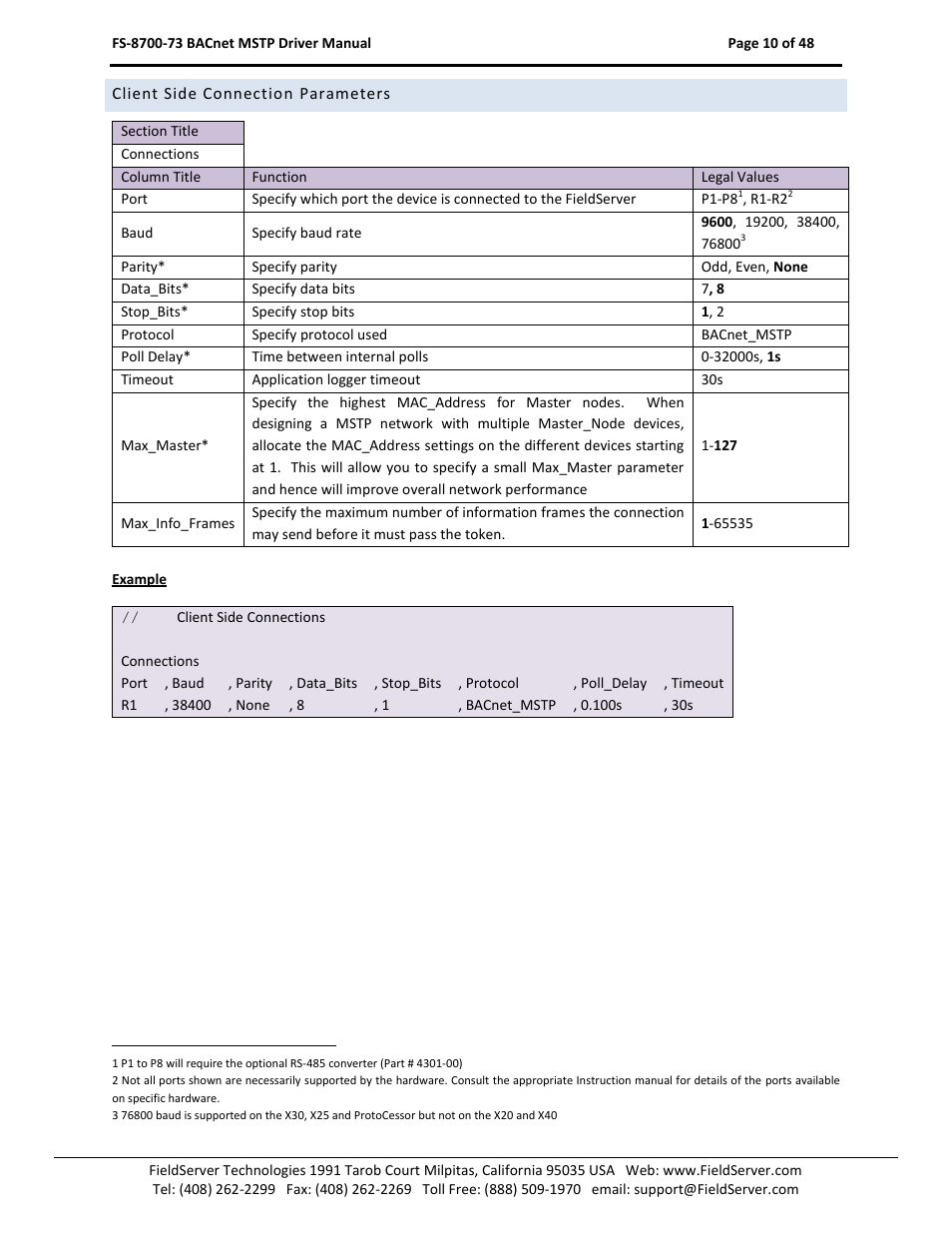 Client side connection parameters | FieldServer FS-8700-73 User Manual | Page 10 / 48