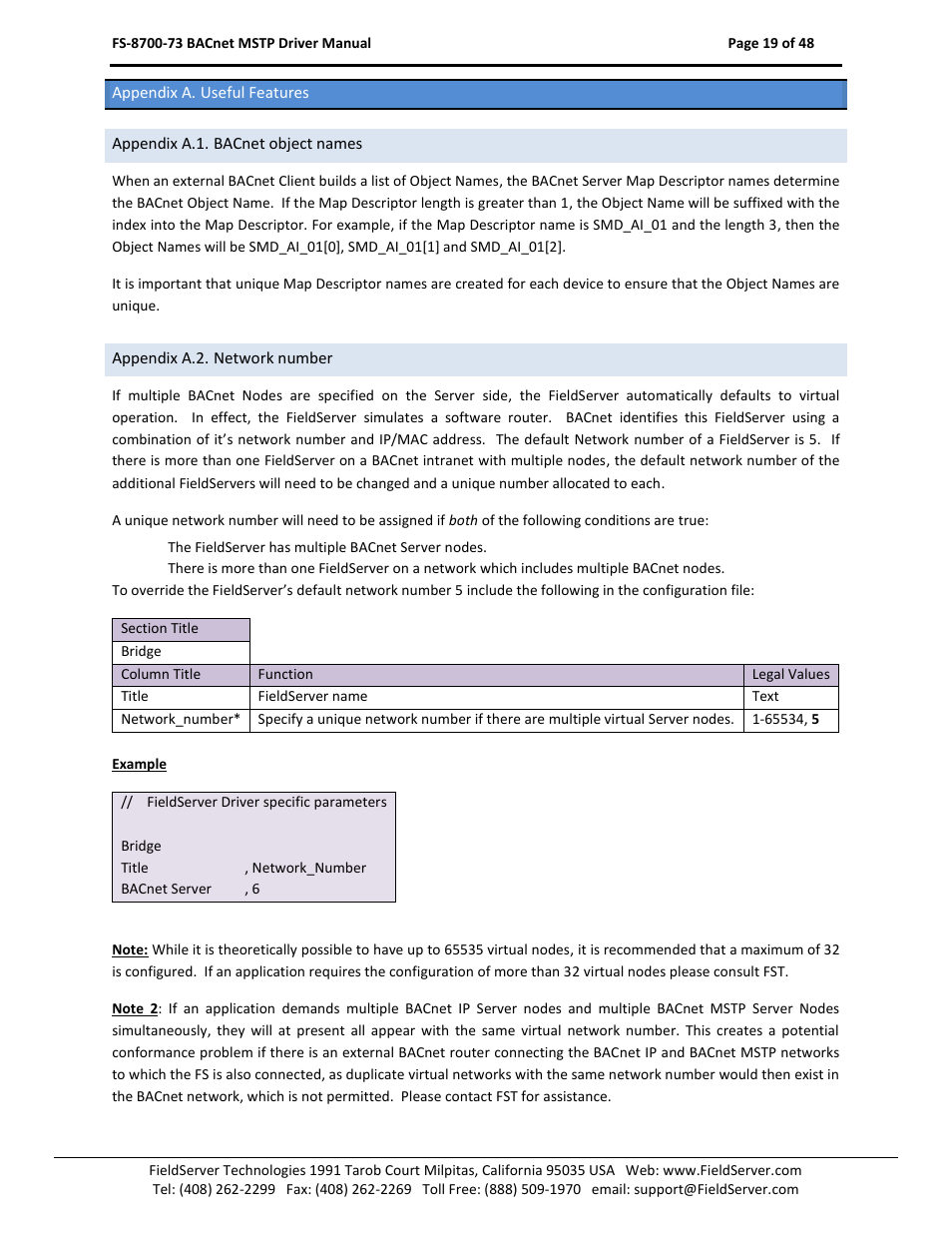 Appendix a. useful features, Appendix a.1. bacnet object names, Appendix a.2. network number | Appendix a.1 | FieldServer FS-8700-73 User Manual | Page 19 / 48