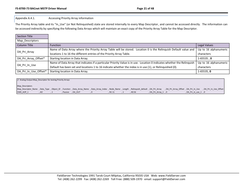 Appendix a.4.1, Accessing priority array information | FieldServer FS-8700-73 User Manual | Page 21 / 48