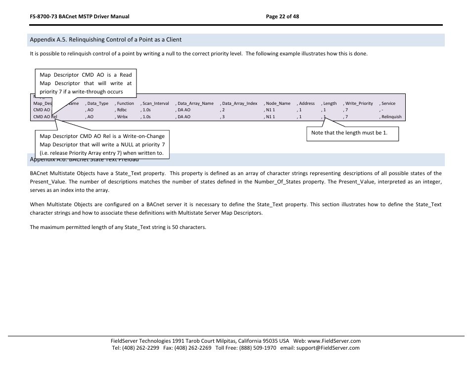 Appendix a.6. bacnet state text preload | FieldServer FS-8700-73 User Manual | Page 22 / 48
