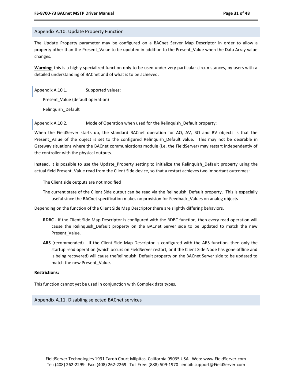 Appendix a.10. update property function, Appendix a.10.1, Supported values | Appendix a.10.2, Appendix a.11. disabling selected bacnet services | FieldServer FS-8700-73 User Manual | Page 31 / 48