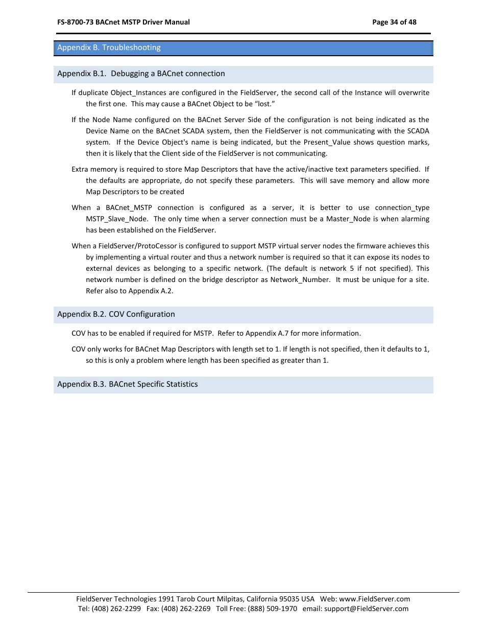 Appendix b. troubleshooting, Appendix b.1. debugging a bacnet connection, Appendix b.2. cov configuration | Appendix b.3. bacnet specific statistics | FieldServer FS-8700-73 User Manual | Page 34 / 48