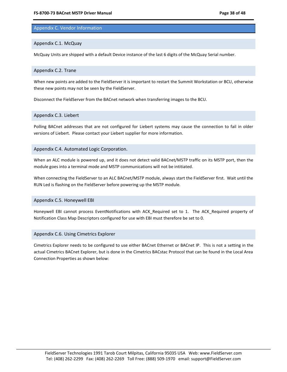 Appendix c. vendor information, Appendix c.1. mcquay, Appendix c.2. trane | Appendix c.3. liebert, Appendix c.4. automated logic corporation, Appendix c.5. honeywell ebi, Appendix c.6. using cimetrics explorer | FieldServer FS-8700-73 User Manual | Page 38 / 48