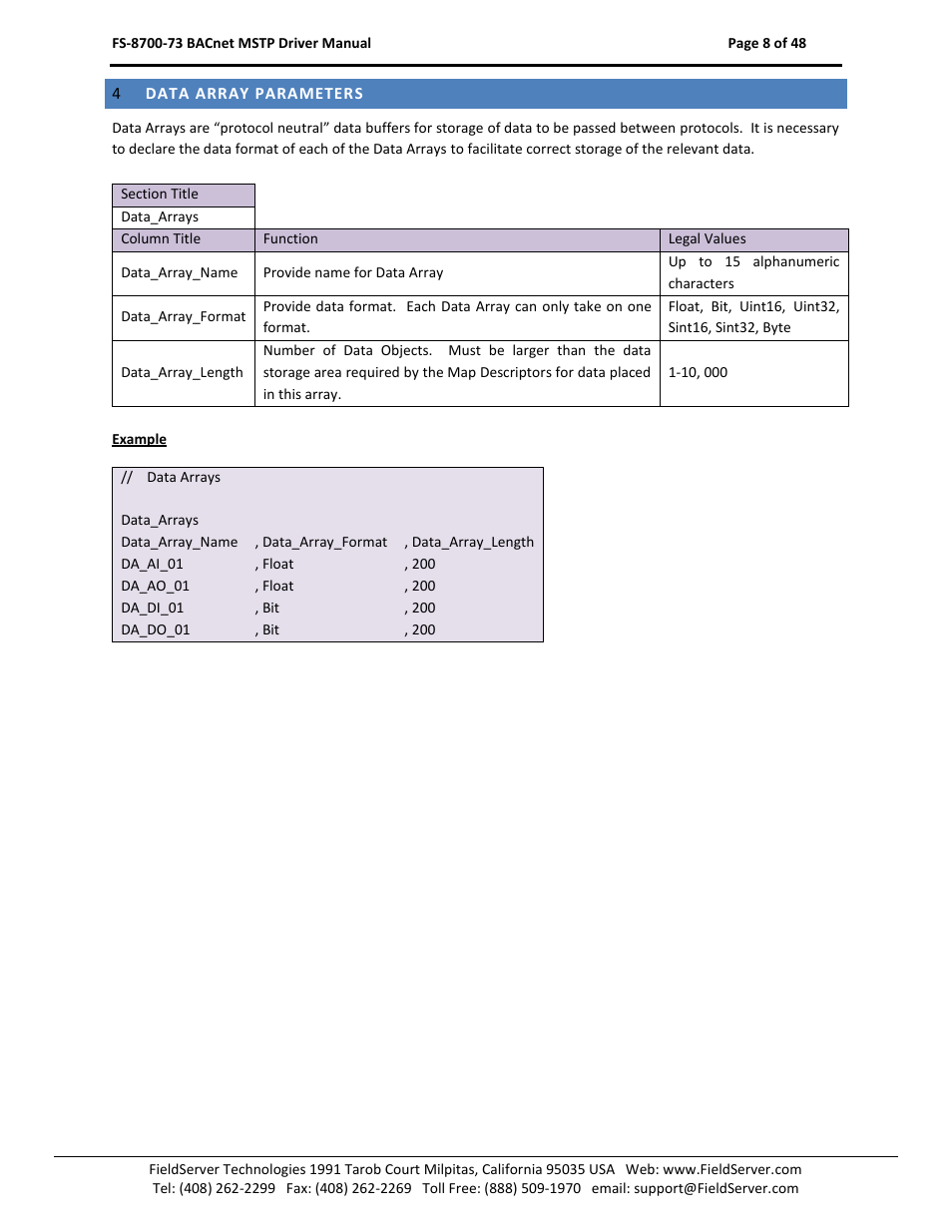 Data array parameters | FieldServer FS-8700-73 User Manual | Page 8 / 48