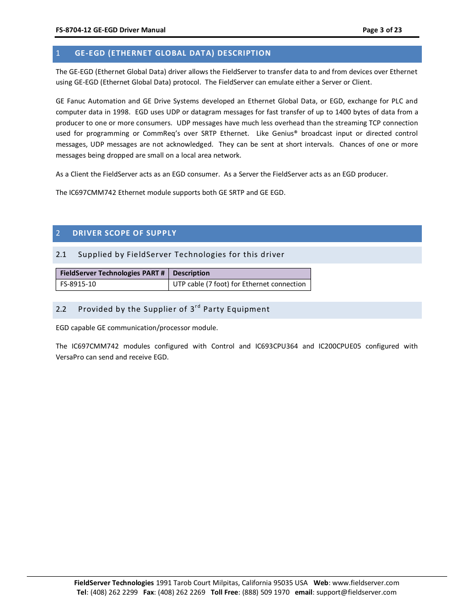 Ge-egd (ethernet global data) description, Driver scope of supply, Provided by the supplier of 3 | Party equipment | FieldServer FS-8704-12 User Manual | Page 3 / 23