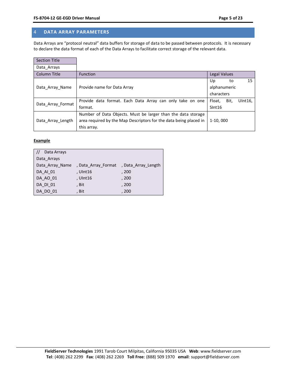 Data array parameters | FieldServer FS-8704-12 User Manual | Page 5 / 23