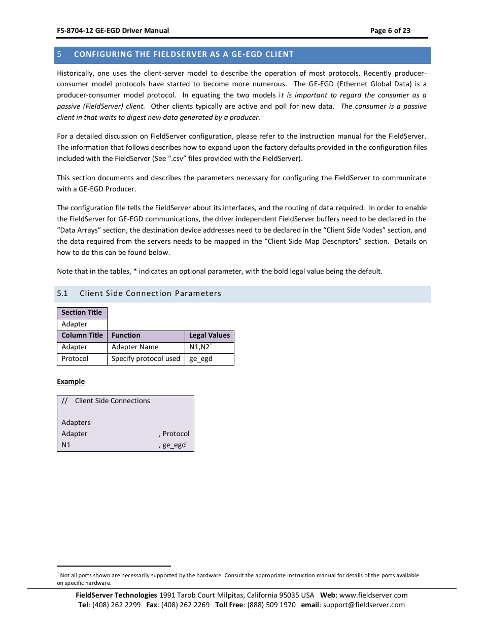 Configuring the fieldserver as a ge-egd client, Client side connection parameters | FieldServer FS-8704-12 User Manual | Page 6 / 23