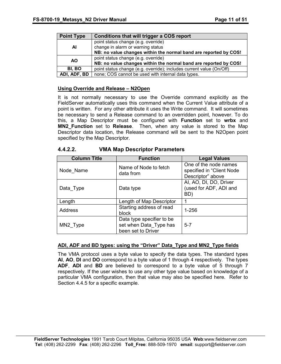 FieldServer Metasys N2 FS-8700-19 User Manual | Page 11 / 51