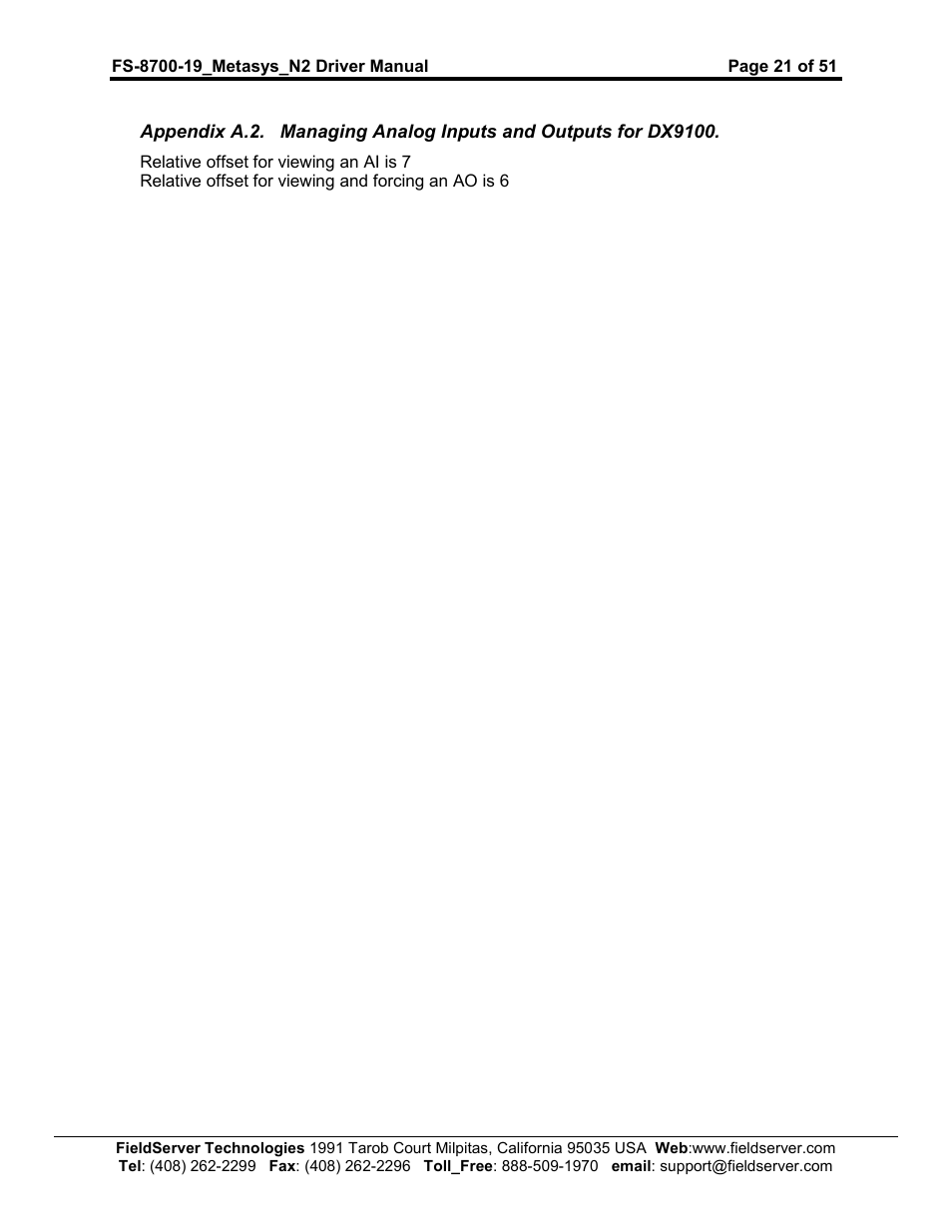 FieldServer Metasys N2 FS-8700-19 User Manual | Page 21 / 51