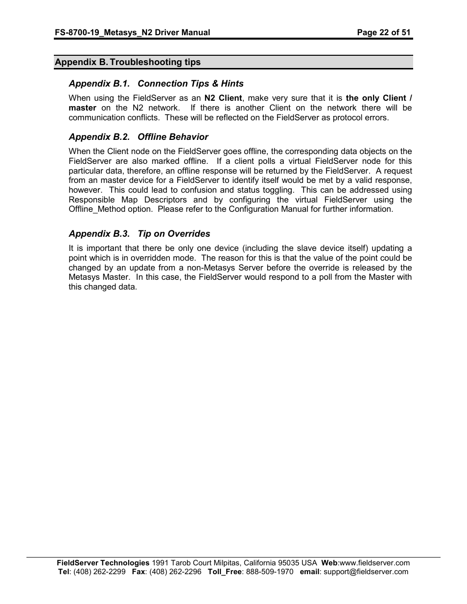FieldServer Metasys N2 FS-8700-19 User Manual | Page 22 / 51