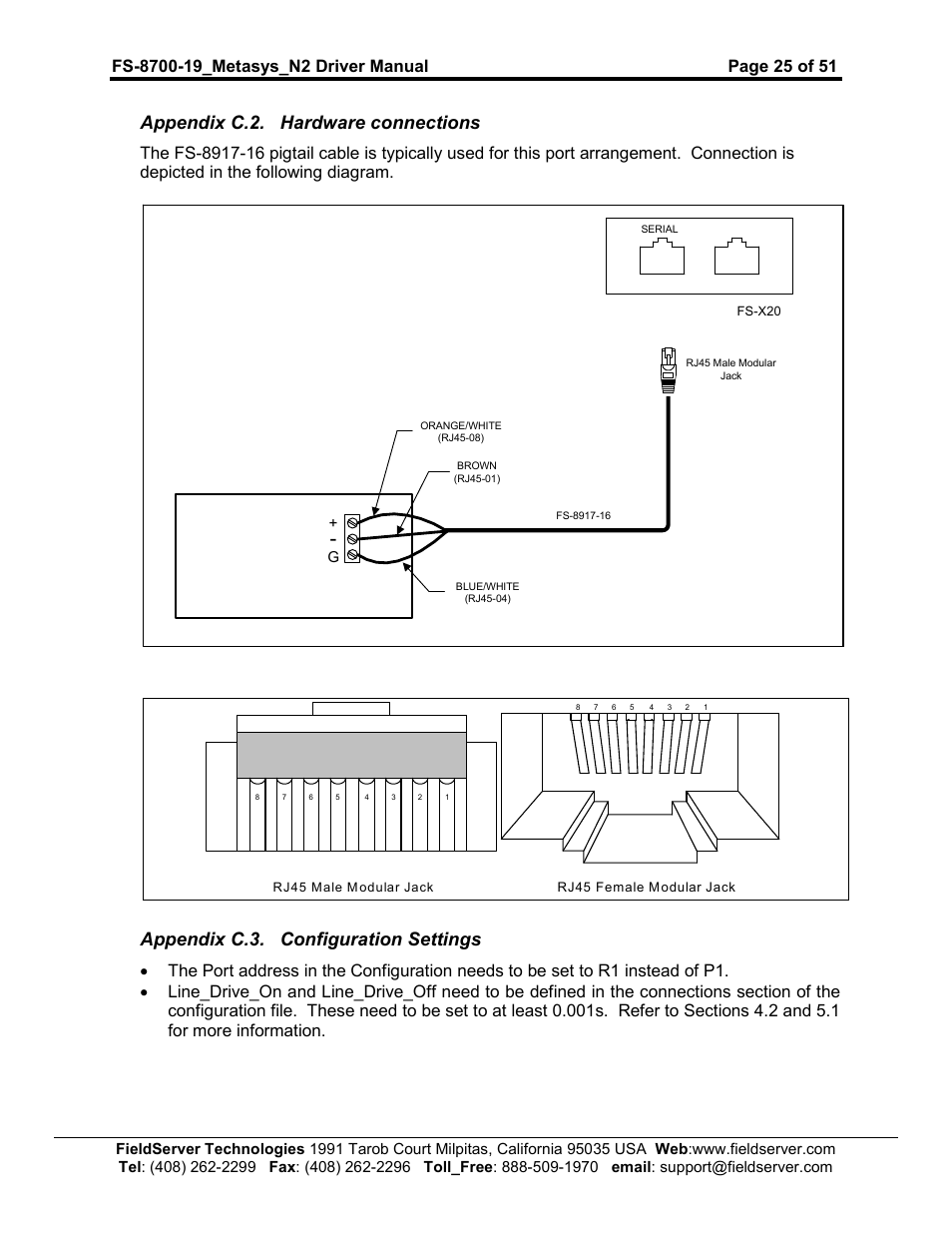 Appendix c.2. hardware connections, Appendix c.3. configuration settings | FieldServer Metasys N2 FS-8700-19 User Manual | Page 25 / 51