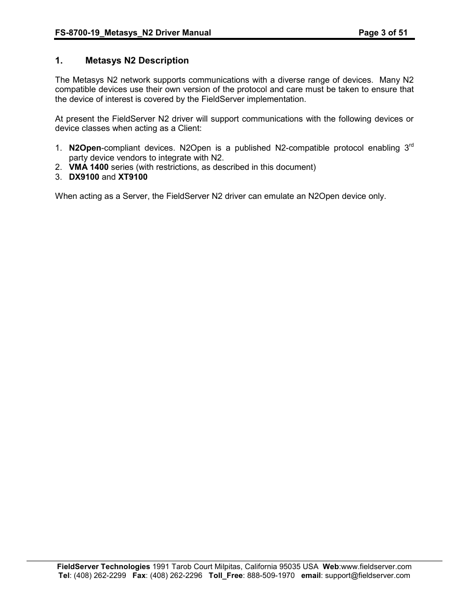 FieldServer Metasys N2 FS-8700-19 User Manual | Page 3 / 51