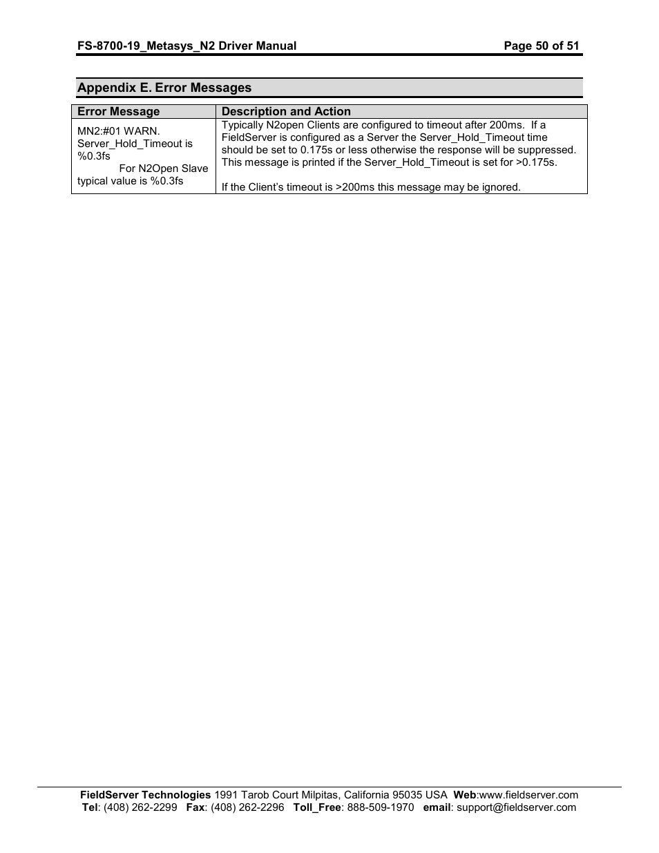 FieldServer Metasys N2 FS-8700-19 User Manual | Page 50 / 51