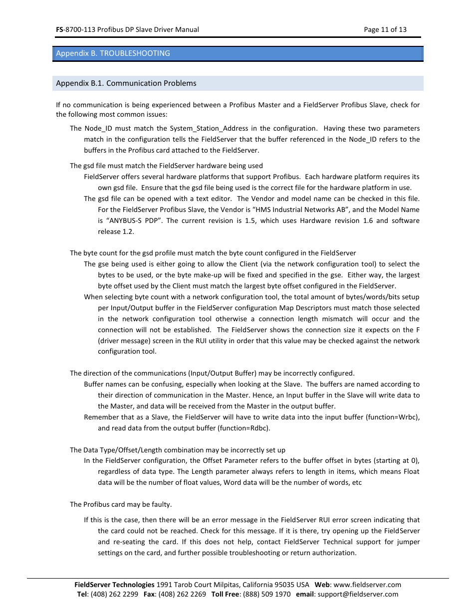 Appendix b. troubleshooting, Appendix b.1. communication problems | FieldServer Profibus FS-8700-113 User Manual | Page 11 / 13