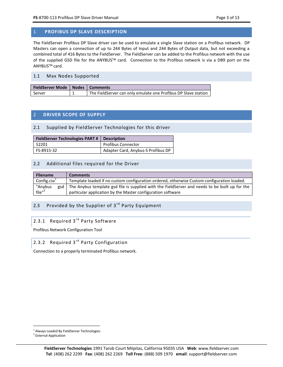 Profibus dp slave description, Max nodes supported, Driver scope of supply | Additional files required for the driver, Provided by the supplier of 3, Party equipment, Required 3, Party software, Party configuration | FieldServer Profibus FS-8700-113 User Manual | Page 3 / 13