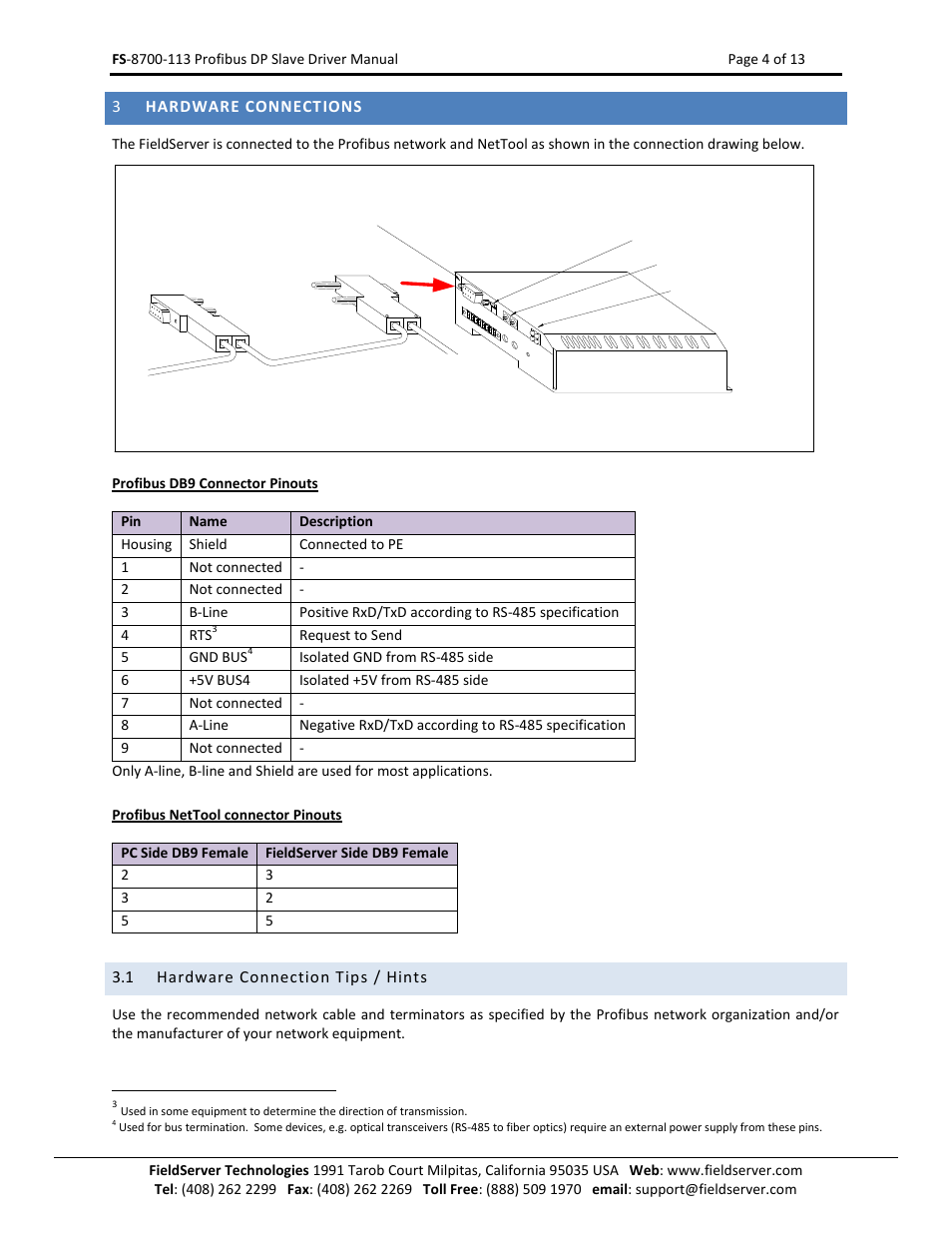 Hardware connections, Hardware connection tips / hints | FieldServer Profibus FS-8700-113 User Manual | Page 4 / 13