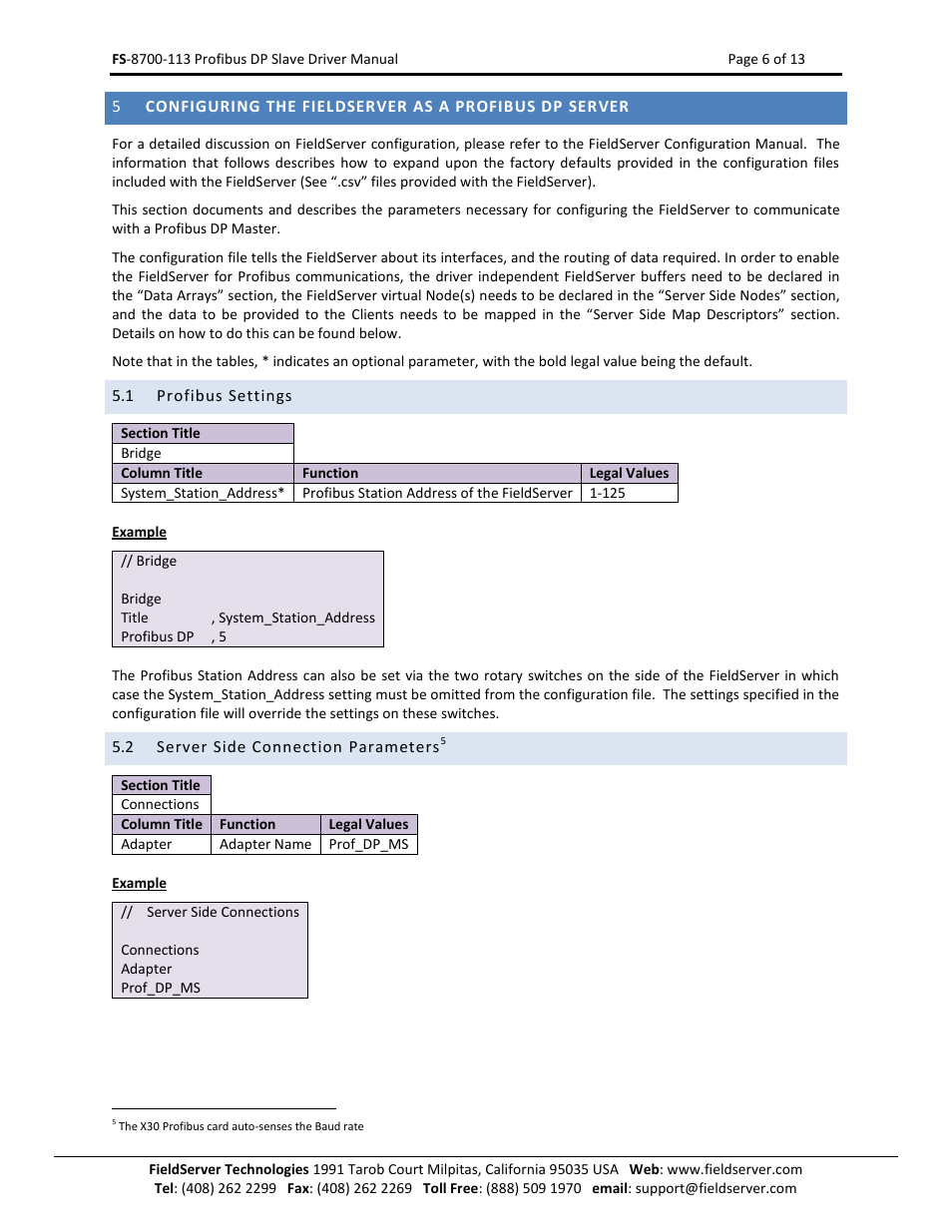 Profibus settings, Server side connection parameters | FieldServer Profibus FS-8700-113 User Manual | Page 6 / 13