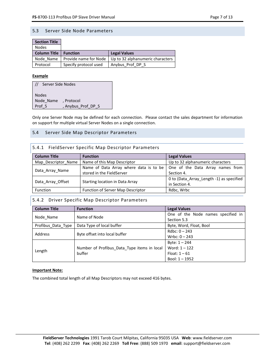 Server side node parameters, Server side map descriptor parameters, Fieldserver specific map descriptor parameters | Driver specific map descriptor parameters | FieldServer Profibus FS-8700-113 User Manual | Page 7 / 13
