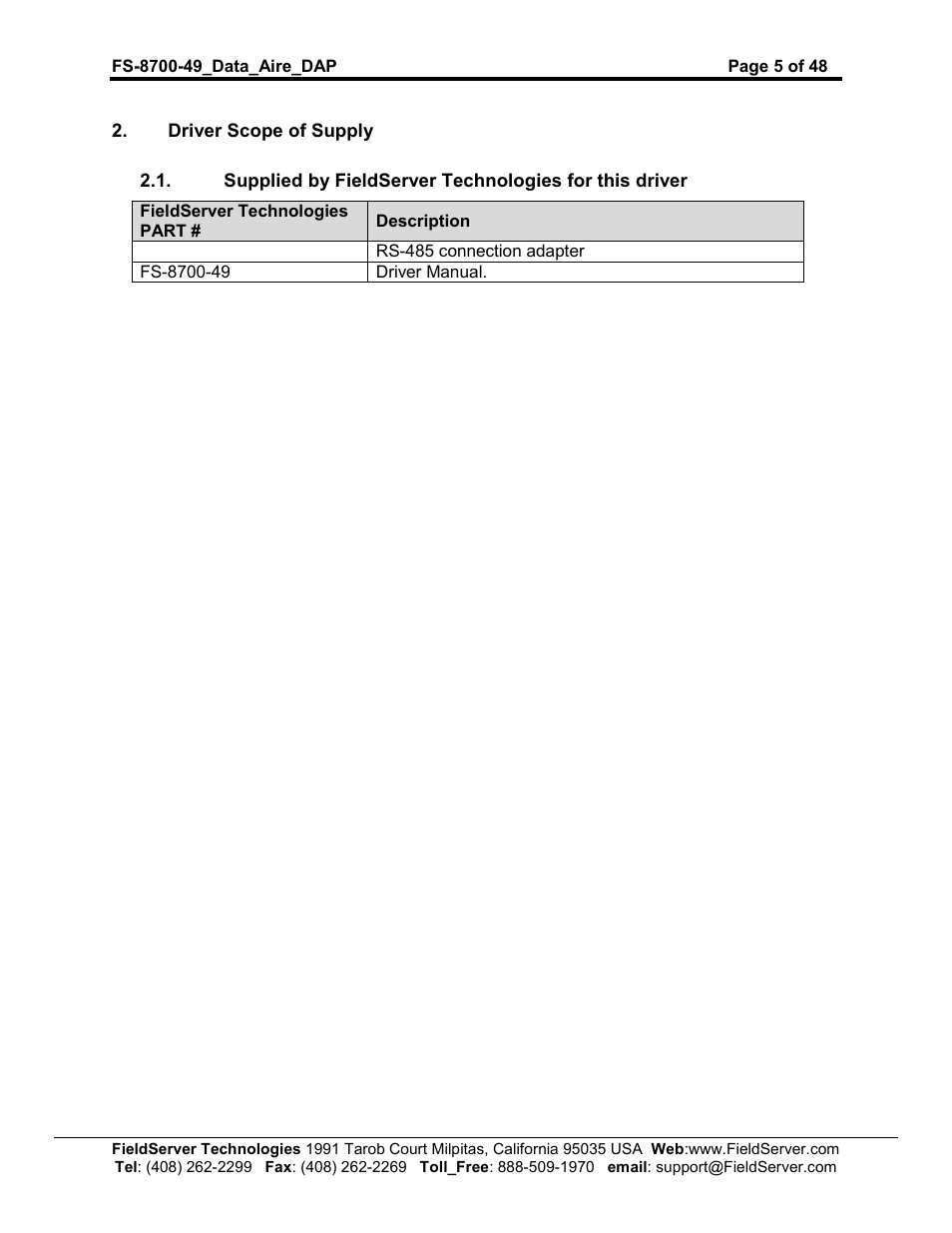 FieldServer Data Aire (DAP) FS-8704-49 User Manual | Page 5 / 48