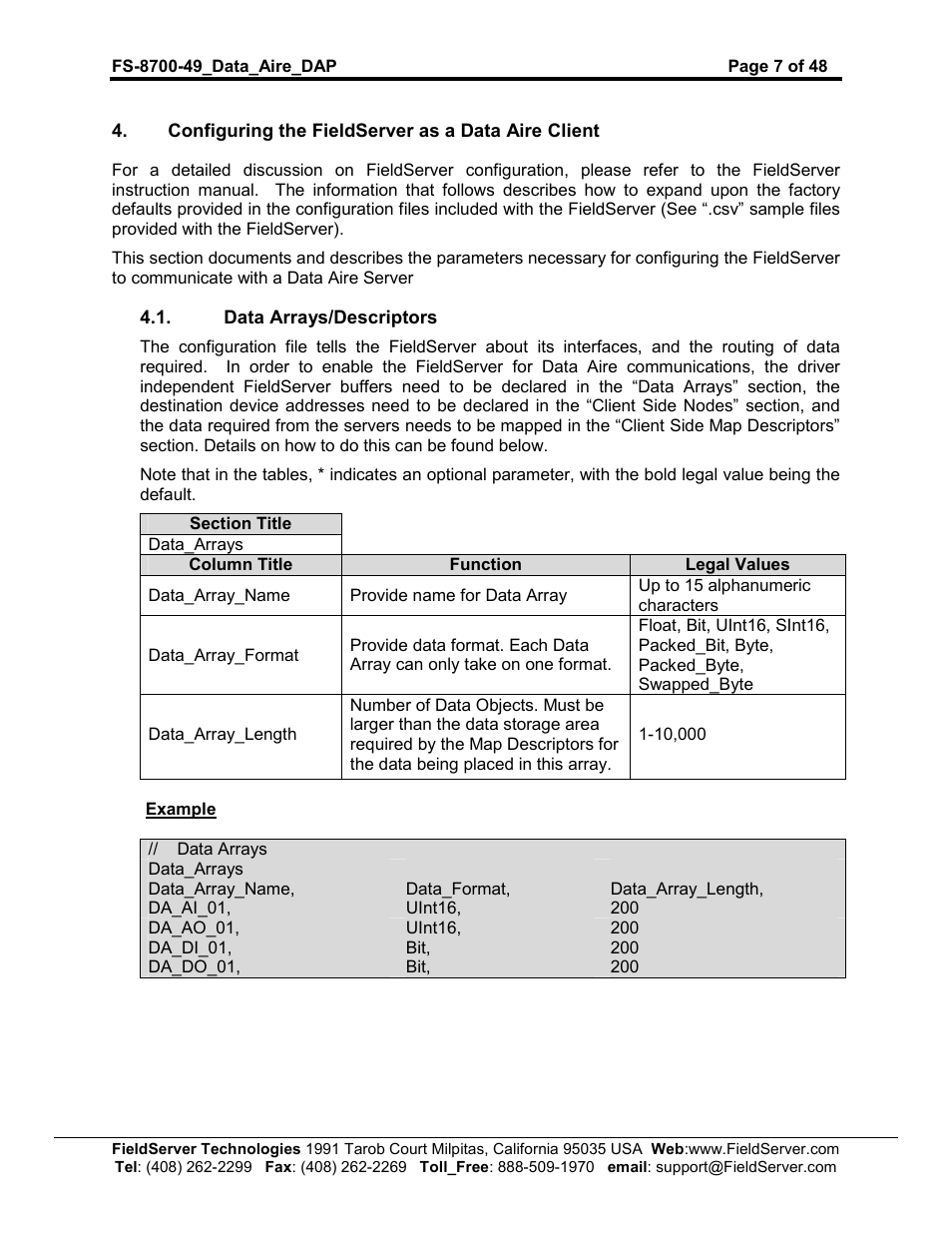 FieldServer Data Aire (DAP) FS-8704-49 User Manual | Page 7 / 48