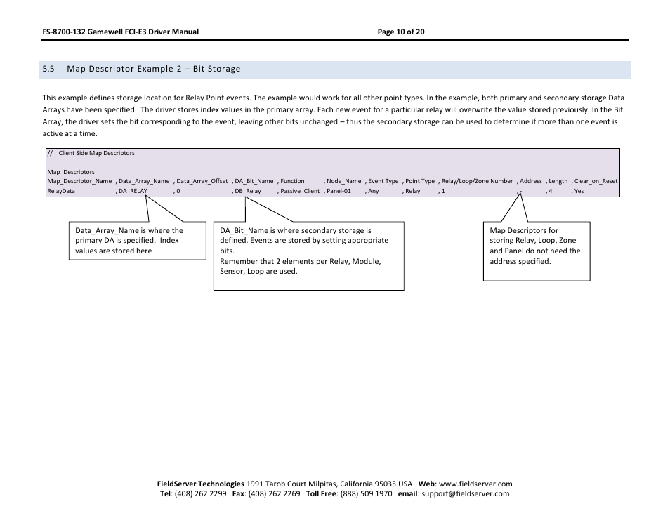 Map descriptor example 2 – bit storage, 5 map descriptor example 2 – bit storage | FieldServer Gamewell FCI E3 Series User Manual | Page 10 / 20