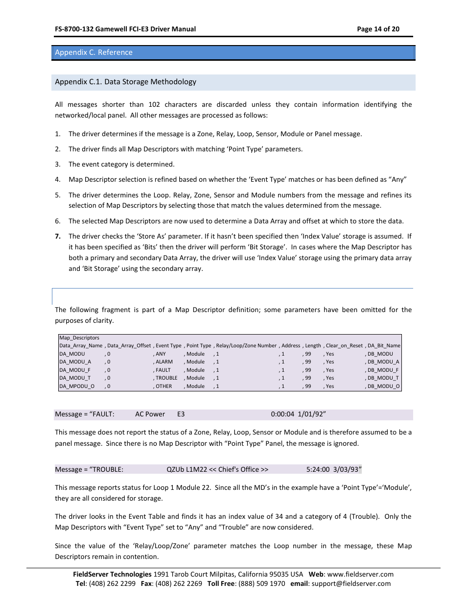 Appendix c. reference, Appendix c.1. data storage methodology, Appendix c.1.1 | Example, Appendix c.1 | FieldServer Gamewell FCI E3 Series User Manual | Page 14 / 20