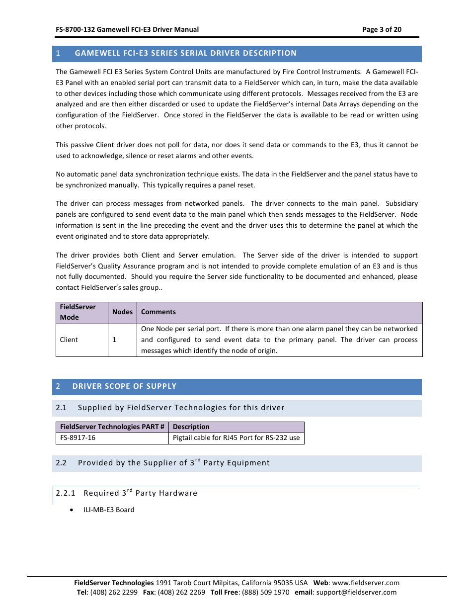 Gamewell fci-e3 series serial driver description, Driver scope of supply, Provided by the supplier of 3 | Party equipment, Required 3, Party hardware | FieldServer Gamewell FCI E3 Series User Manual | Page 3 / 20