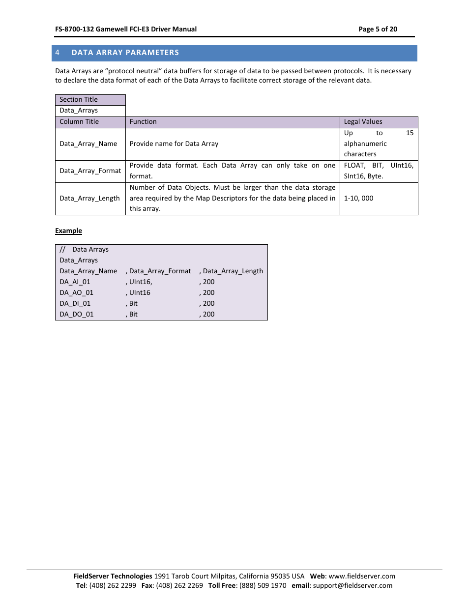 Data array parameters | FieldServer Gamewell FCI E3 Series User Manual | Page 5 / 20
