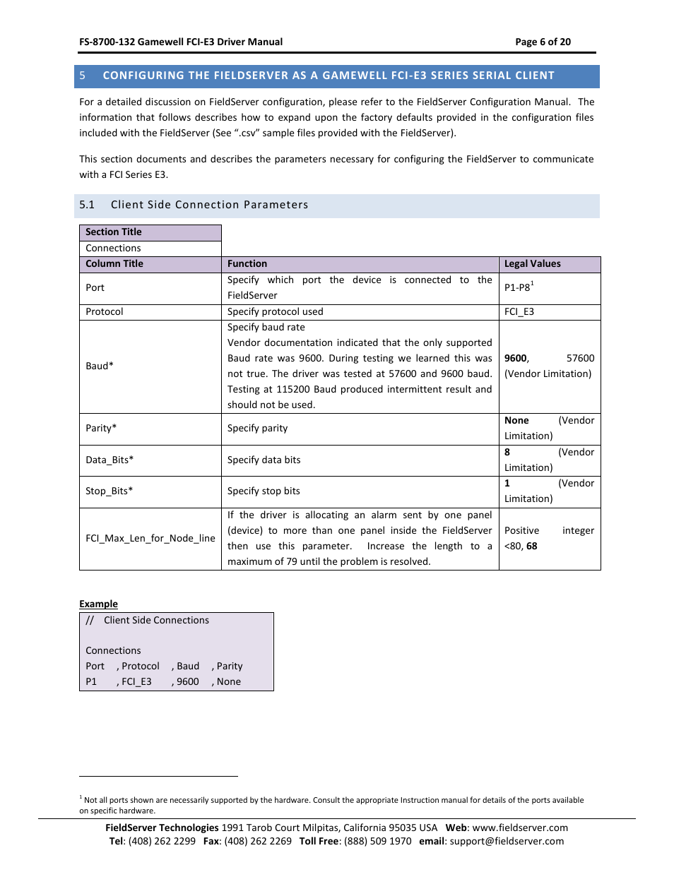 Client side connection parameters | FieldServer Gamewell FCI E3 Series User Manual | Page 6 / 20