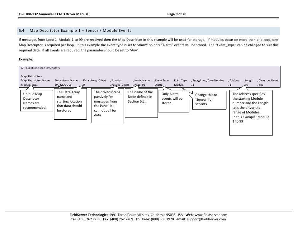 Map descriptor example 1 – sensor / module events | FieldServer Gamewell FCI E3 Series User Manual | Page 9 / 20