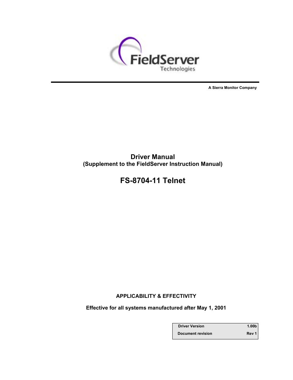 FieldServer Telnet FS-8704-11 User Manual | 8 pages