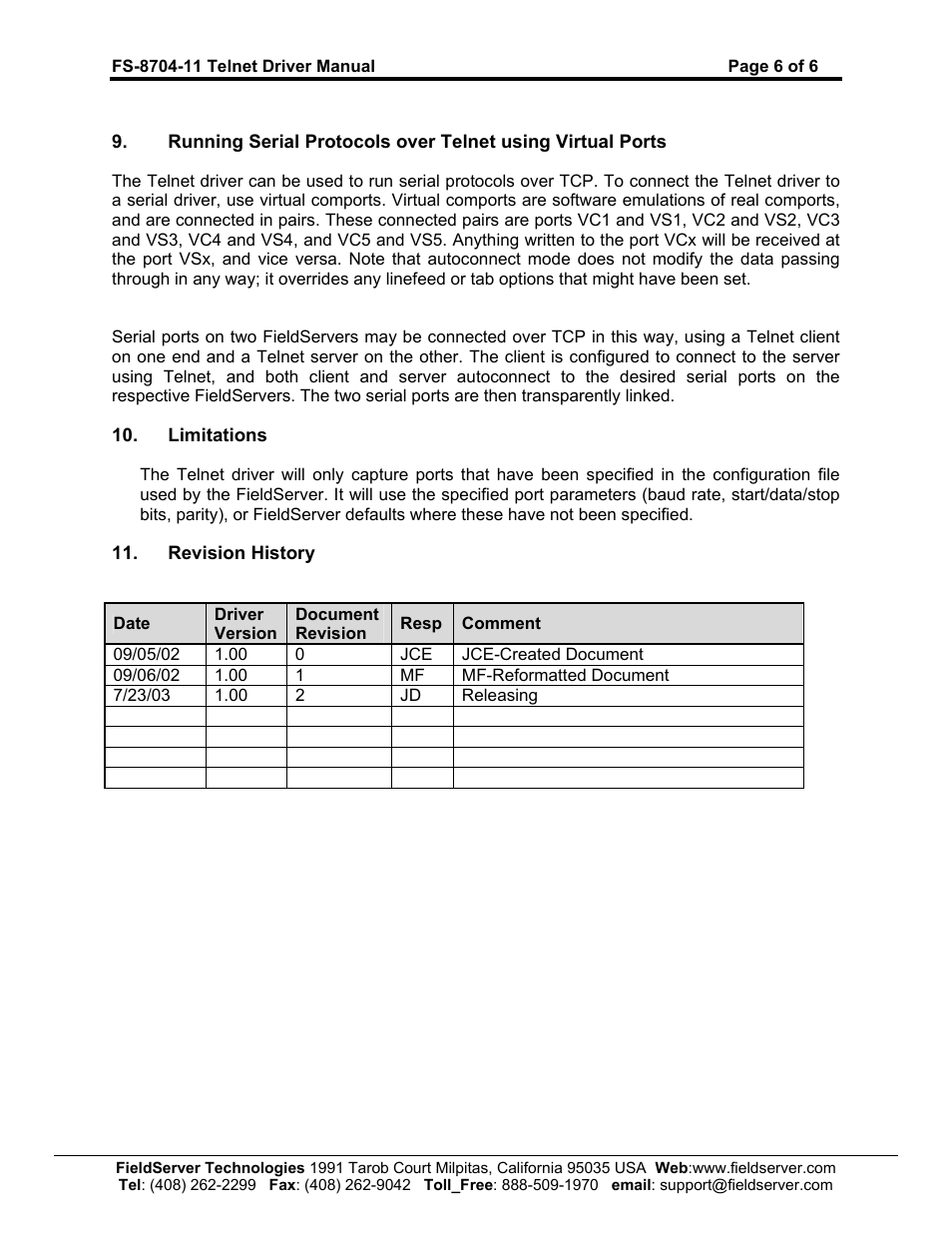 FieldServer Telnet FS-8704-11 User Manual | Page 8 / 8