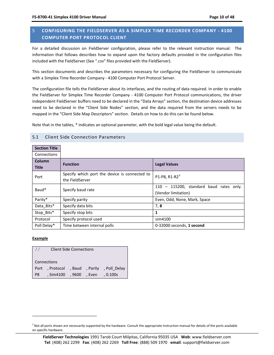 Client side connection parameters | FieldServer FS-8700-41 User Manual | Page 10 / 48